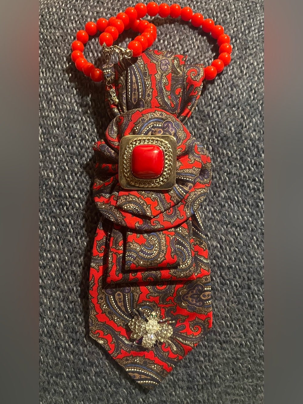 Red Paisley Statement Necklace Pendant with Coral Beads